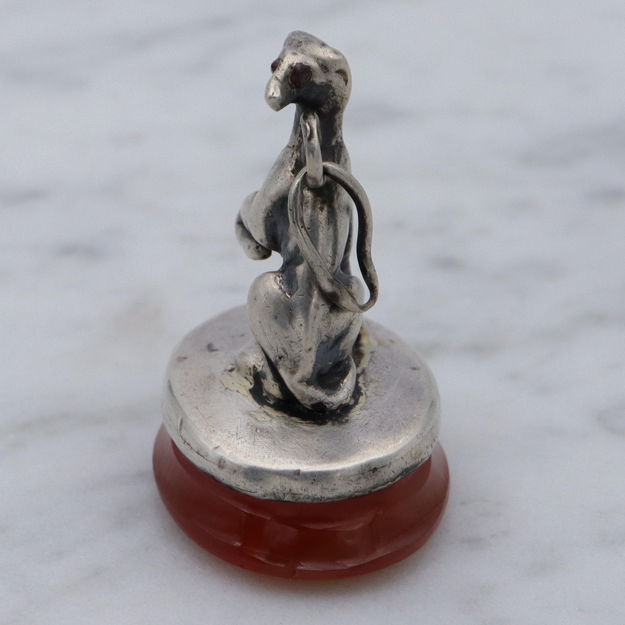Early Victorian sterling silver greyhound dog on carnelian fob pendant